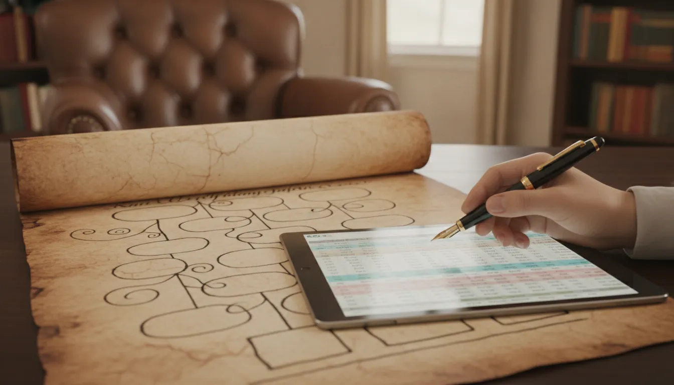 Diagrama de árvore genealógica e tablet com planilha financeira, simbolizando planejamento sucessório detalhado e moderno.