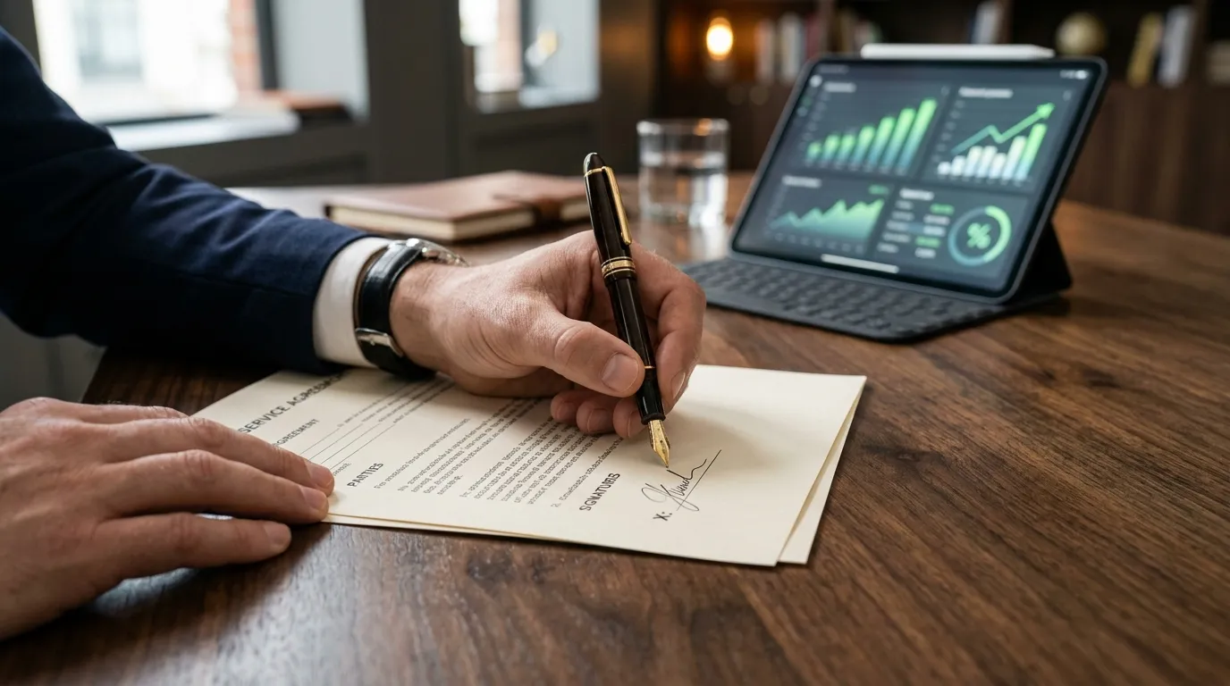 Assinatura de contrato estratégico de M&A para salvar empresa.