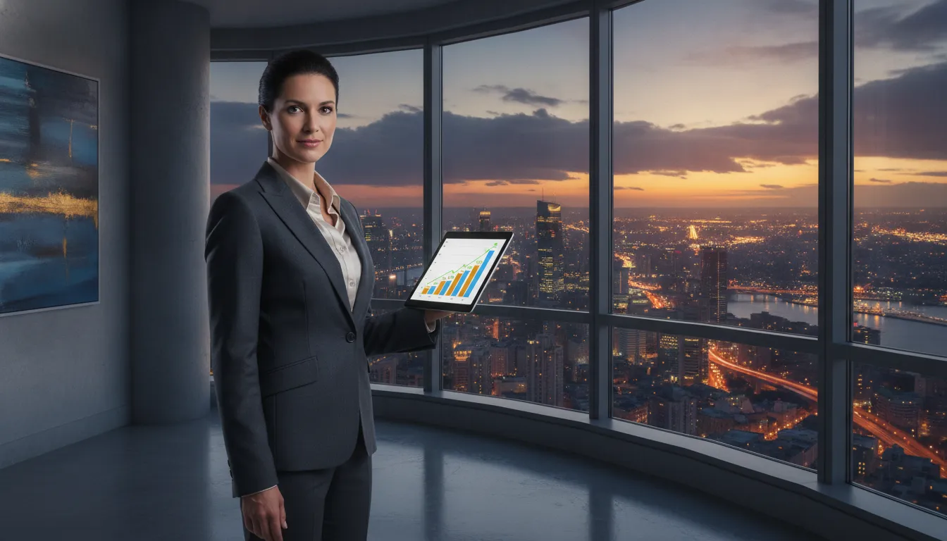 CEO confiante celebra sucesso de m&a fusões e aquisições com vista panorâmica da cidade.