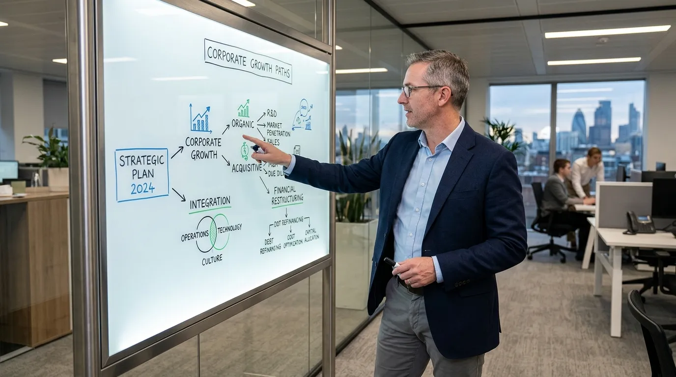 Consultor planejando estratégia de M&A em painel corporativo.