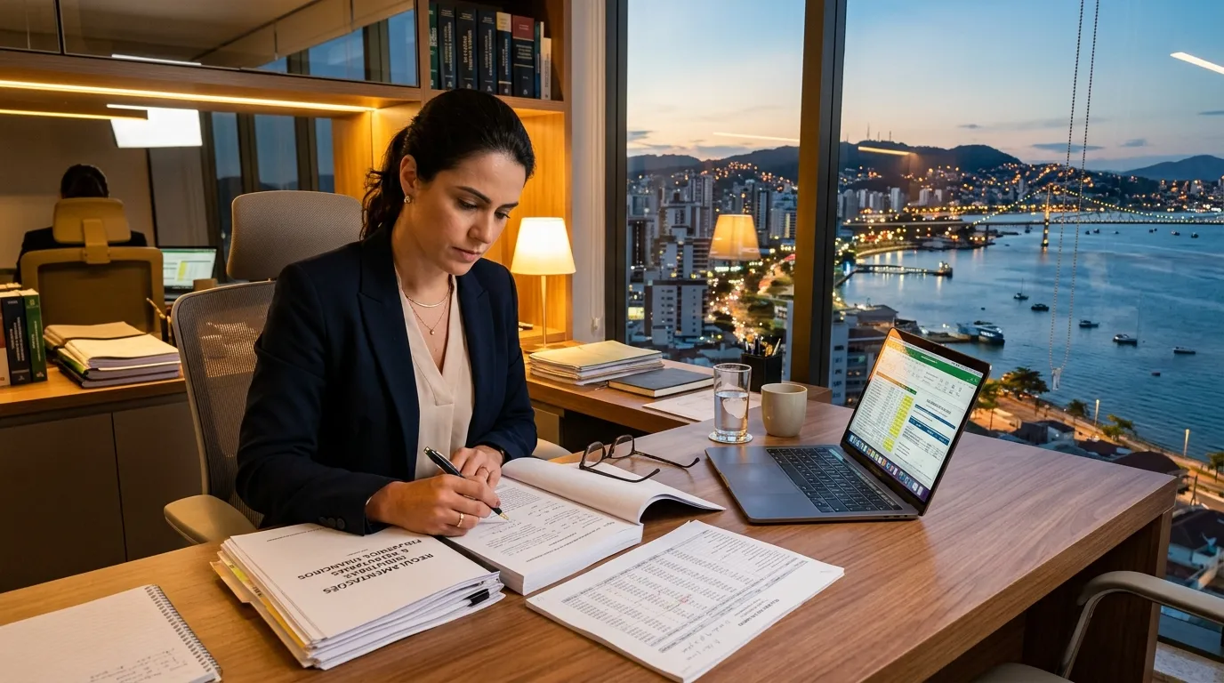 Consultoria de advogado tributário Santa Catarina revisando documentos fiscais corporativos.