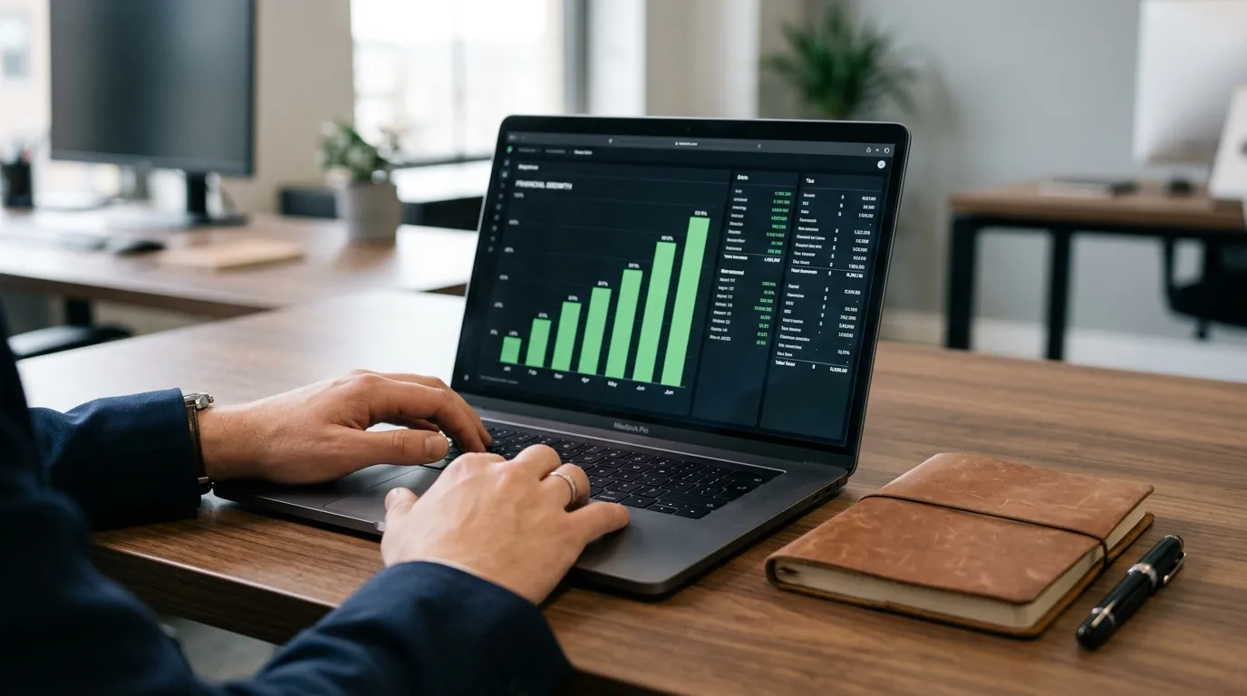 Planilhas e dados financeiros de tributario empresarial em tela de notebook.