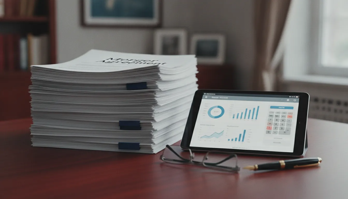 Documentos legais e relatórios financeiros organizados, simbolizando a complexidade das operações de M&A e due diligence.
