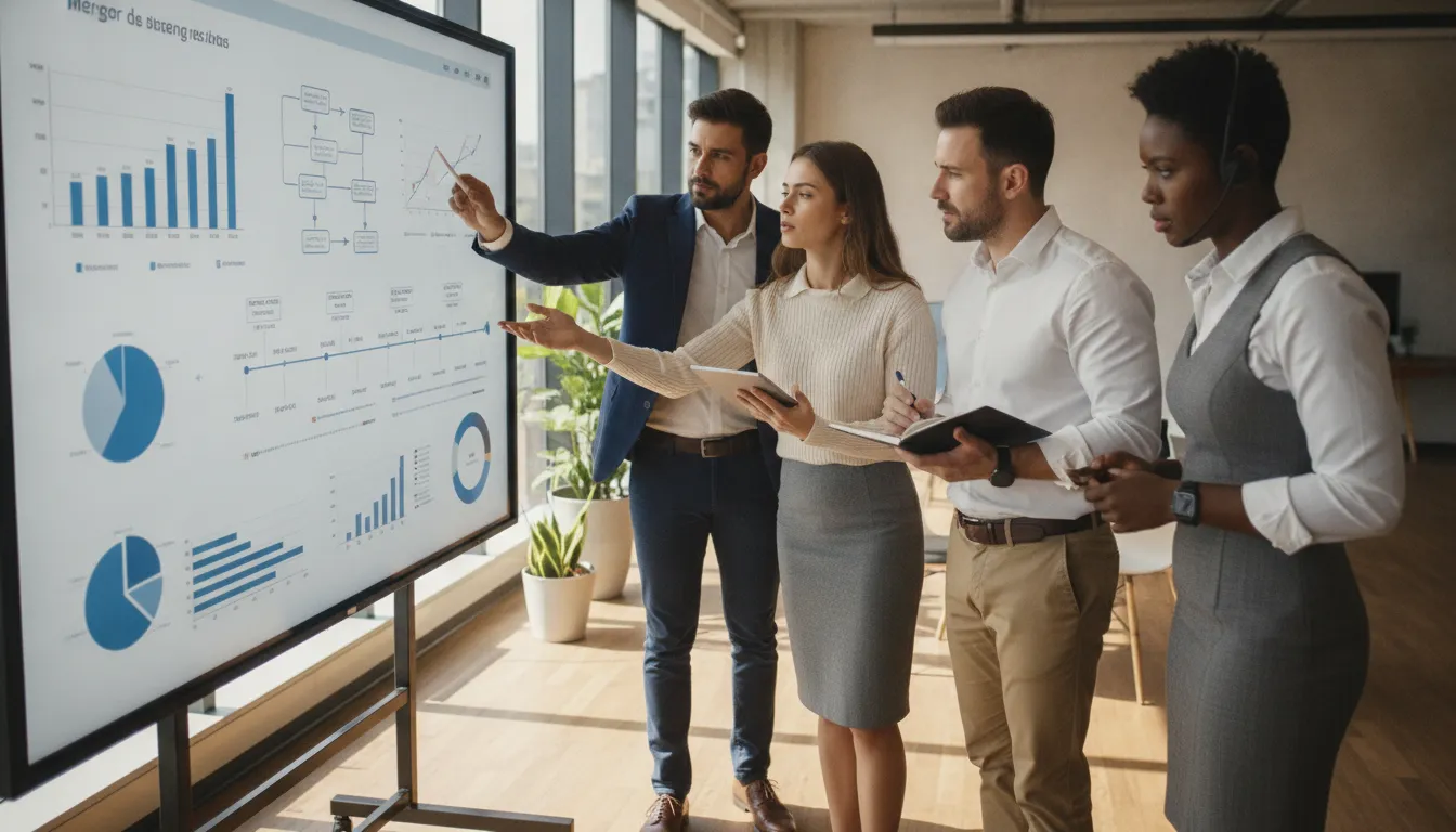 Equipe colabora analisando dados estratégicos para m&a fusões e aquisições em escritório moderno.
