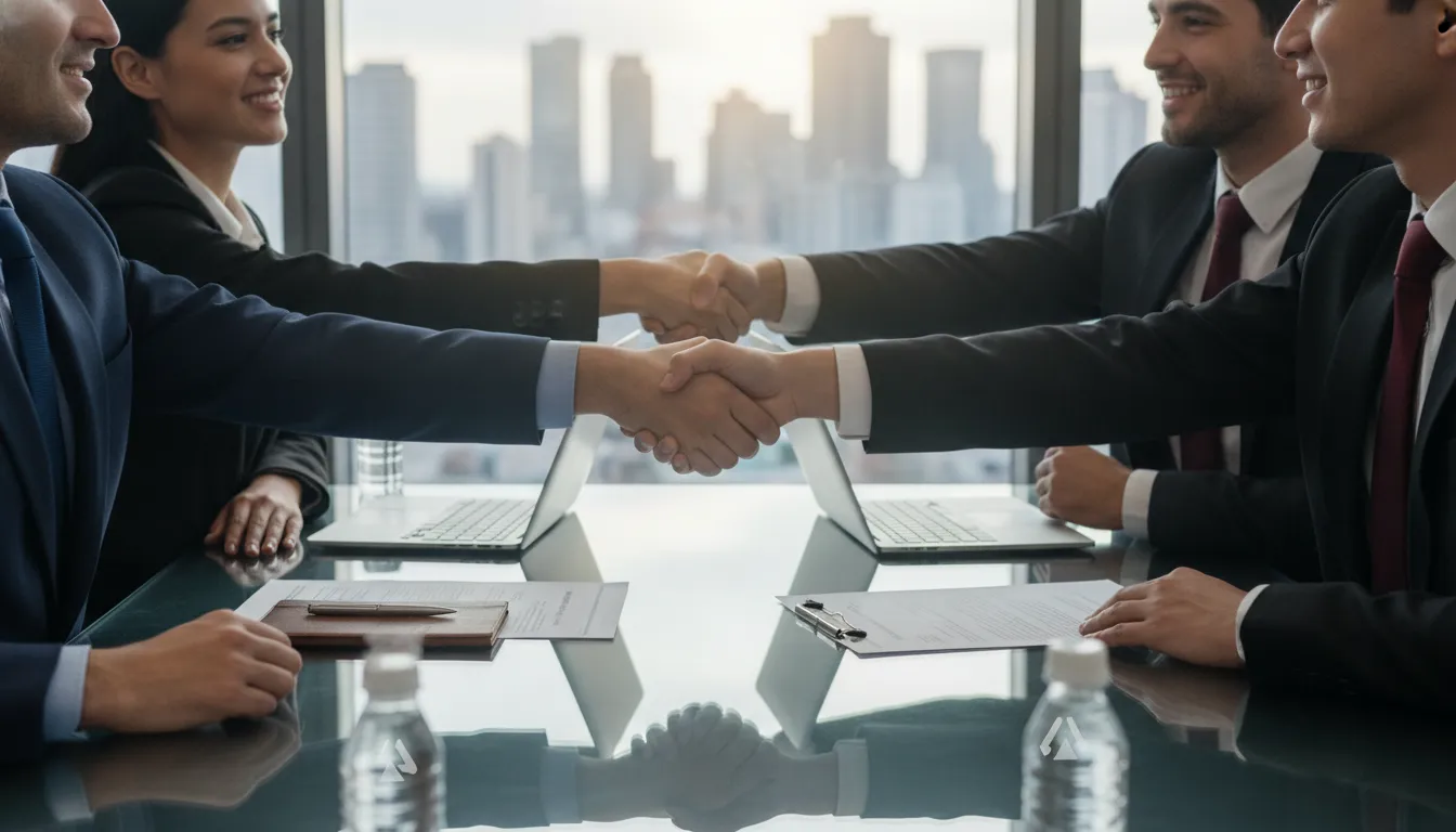 Equipes de negócios apertando as mãos em mesa de reunião, representando operações de M&A bem-sucedidas e colaboração.