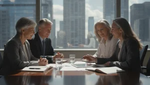 Família de várias gerações em reunião com consultora da MSP, planejando a sucessão patrimonial e futuro dos negócios.