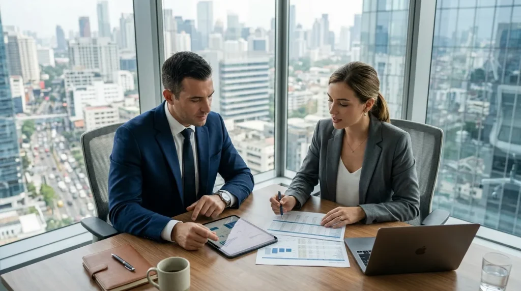 Gestor analisa planejamento tributario empresarial com especialista em escritorio moderno.