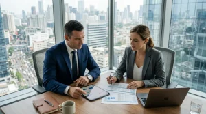 Gestor analisa planejamento tributario empresarial com especialista em escritorio moderno.