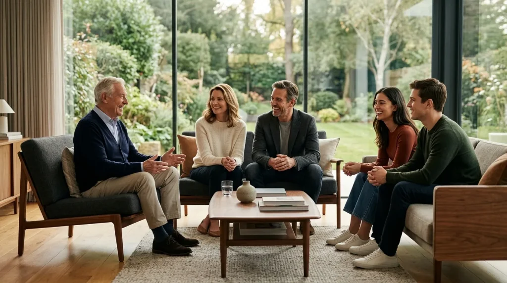 Familia reunida em sala moderna representando a seguranca patrimonial de uma holding familiar.