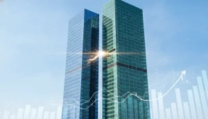 Representação fotorrealista de operações de M&A, com dois edifícios corporativos modernos se unindo. Gráficos financeiros flutuam.