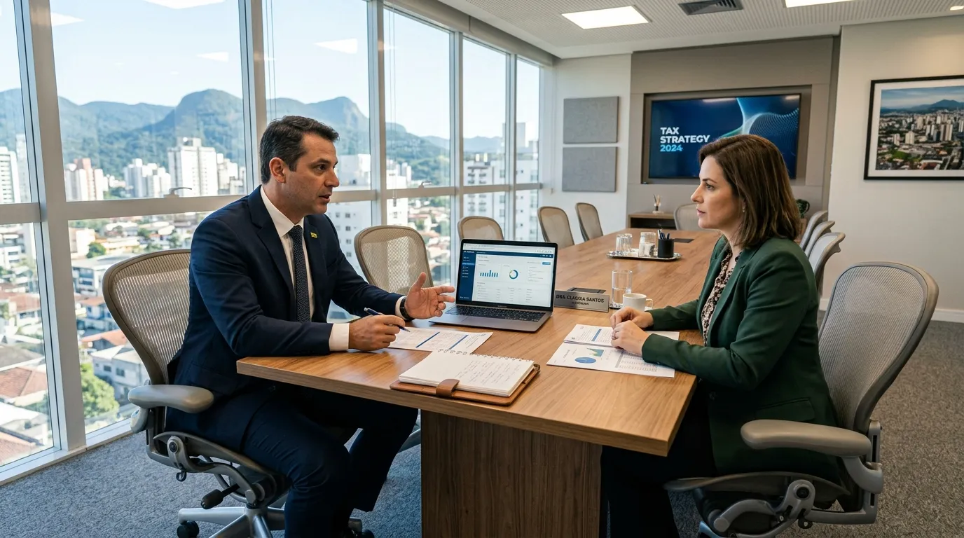 Reunião com advogado tributário Santa Catarina discutindo planejamento fiscal empresarial.