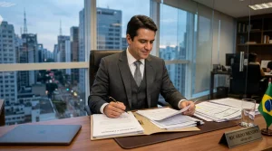 Empresário sorridente em reunião estratégica com advogado direito tributario em escritório moderno