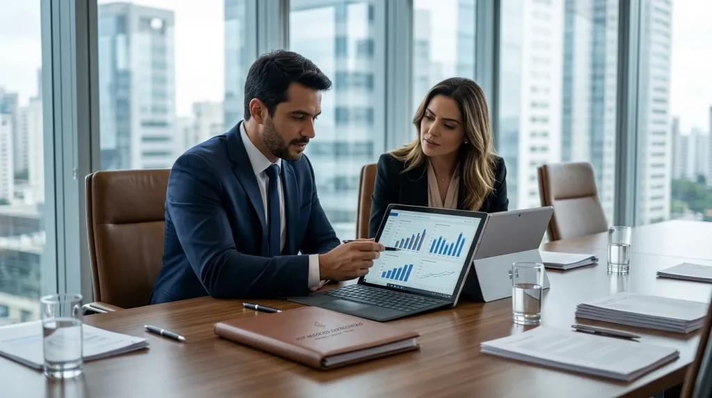 Executivos analisando dados financeiros durante levantamento fiscal e tributário com a msp negócios.