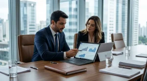Executivos analisando dados financeiros durante levantamento fiscal e tributário com a msp negócios.