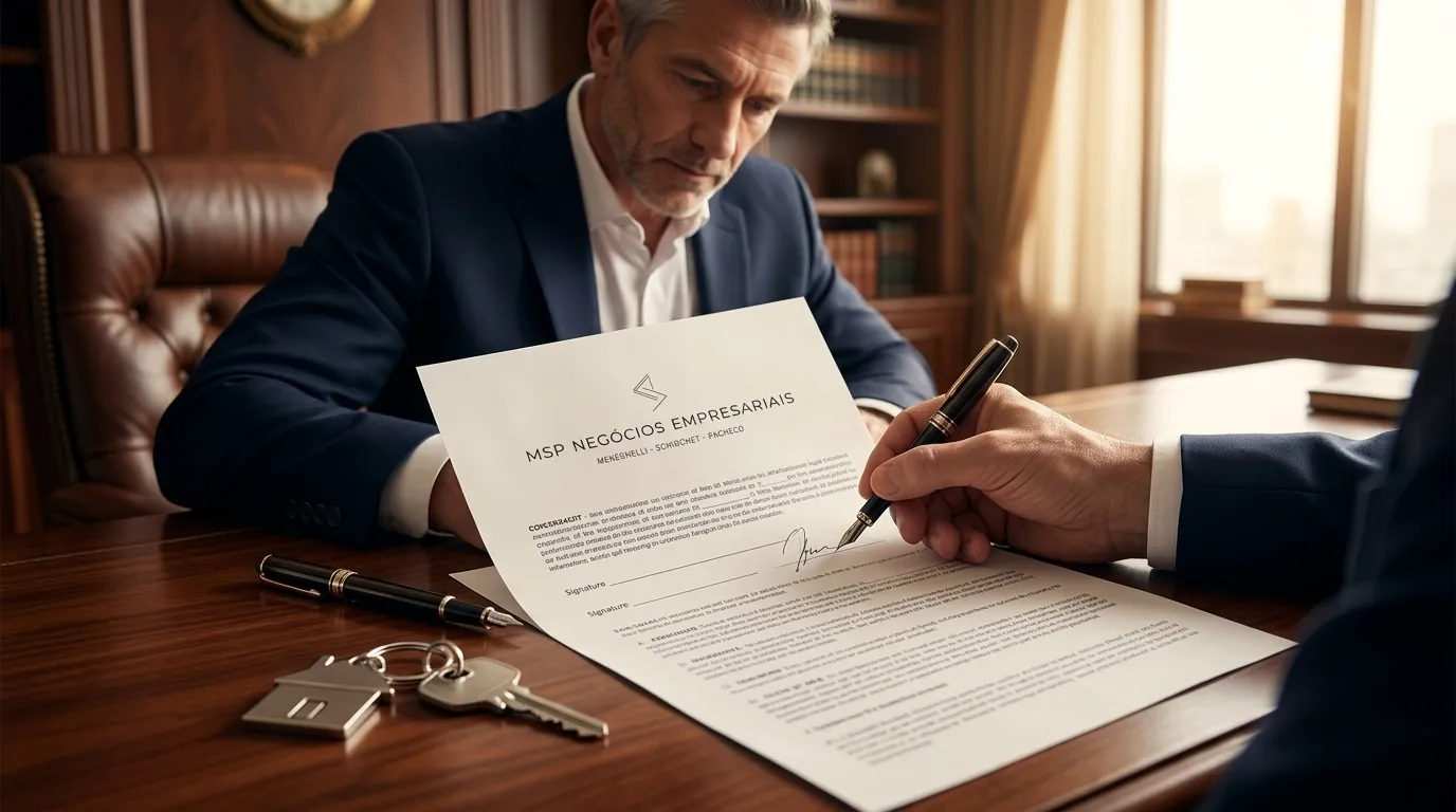 Assinatura de contrato estratégico para sucessão de bens em holding familiar.