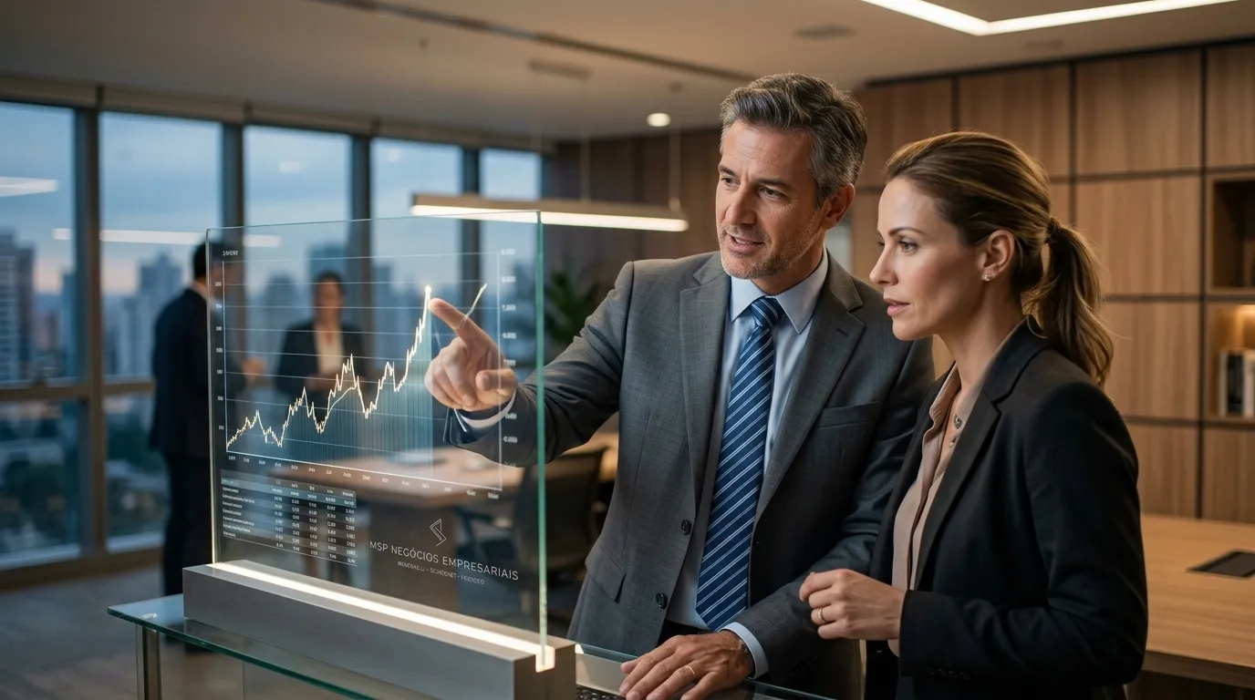 Consultor analisando dados financeiros para planejar aquisições de empresas com segurança e clareza.