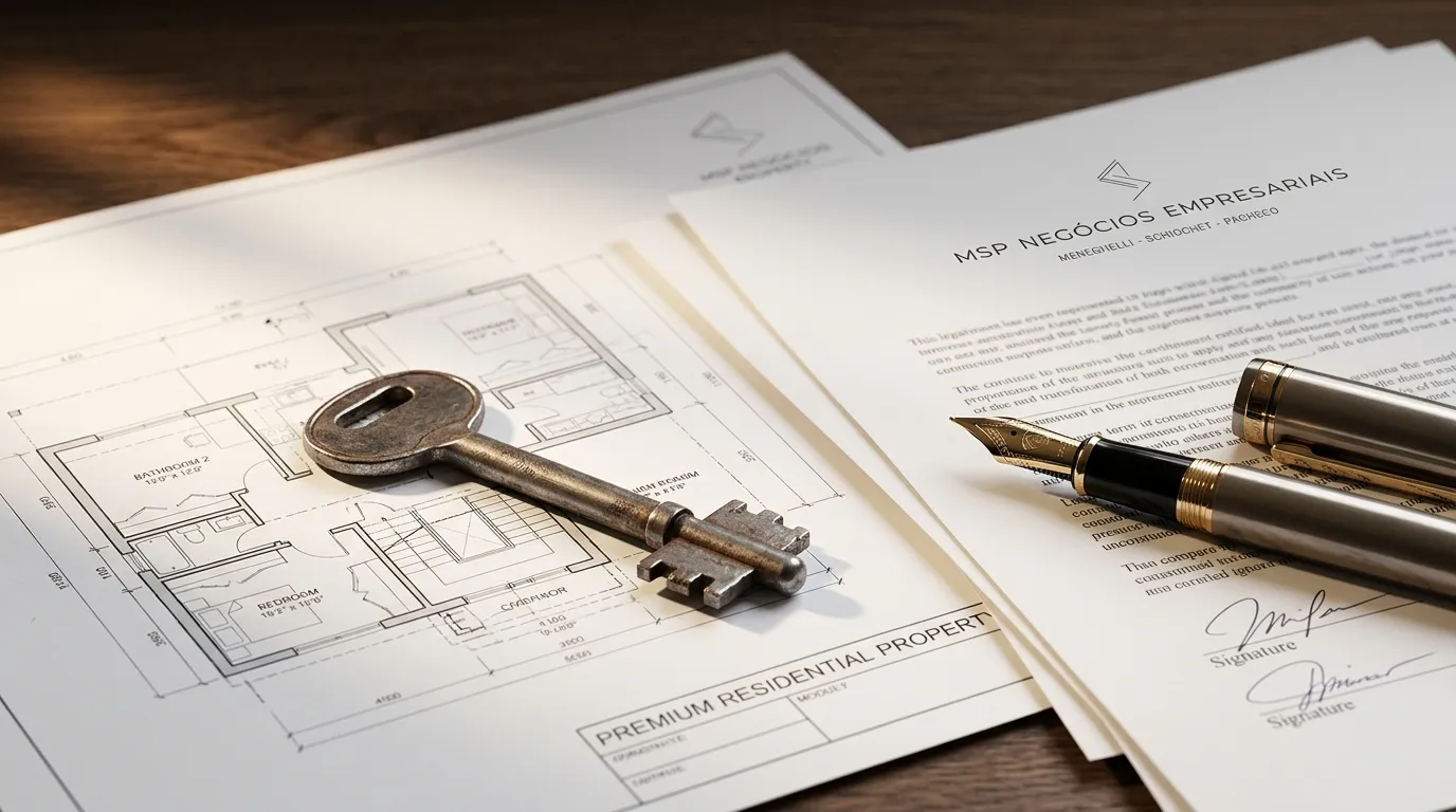 Chave sobre projeto e contrato simbolizando doação de imóveis em vida e transição de patrimônio.