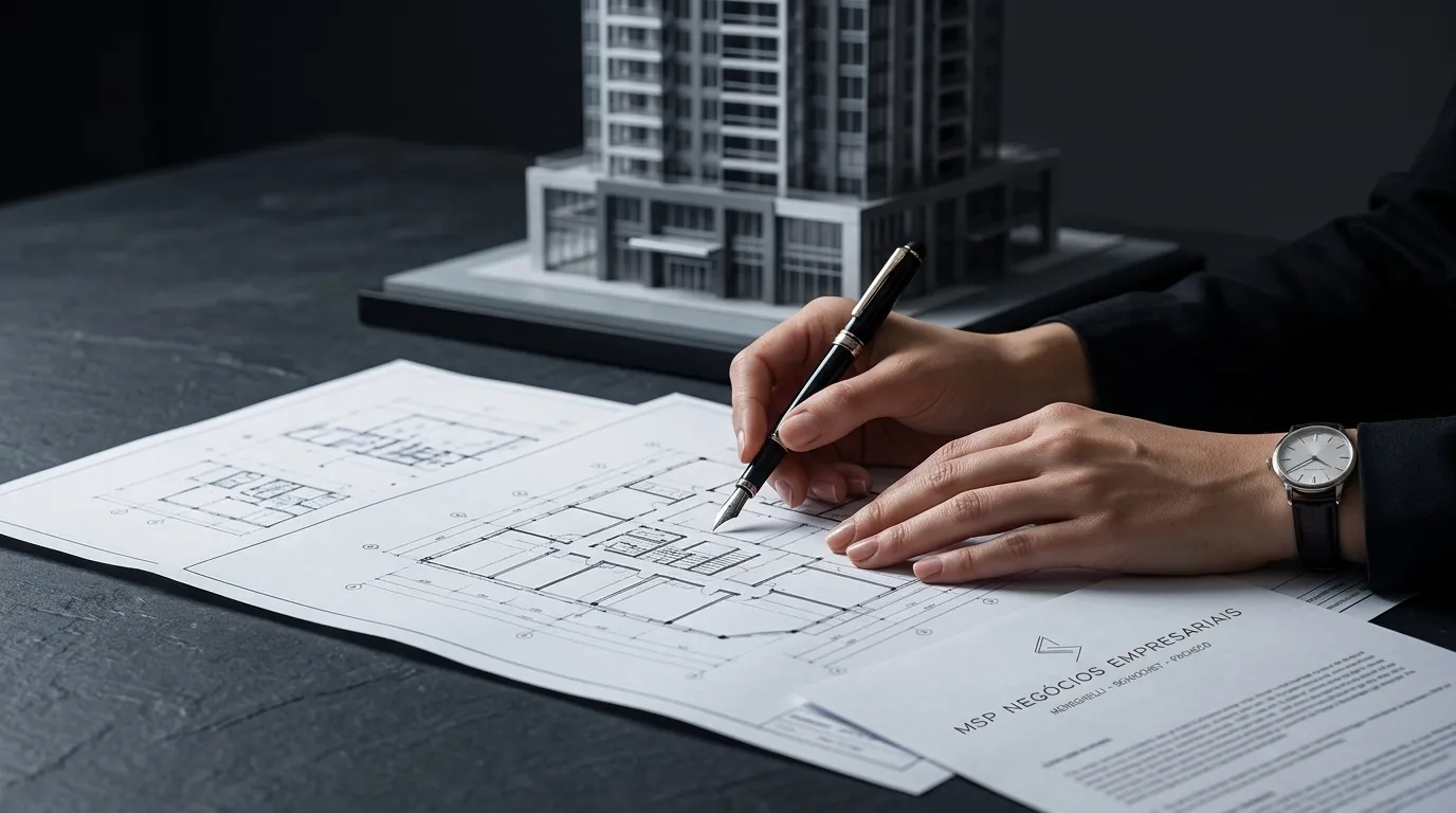 Documentos e plantas de imóveis analisados para o planejamento de uma holding imobiliária segura.
