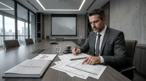 Empresário analisando relatórios financeiros da empresa optante pelo regime tributário lucro presumido no escritório.