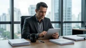 Empresário analisa impactos do Simples Nacional na Reforma Tributária em tablet no escritório.