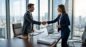 Empresários fechando acordo estratégico em aquisições de empresas com relatórios financeiros sobre a mesa.