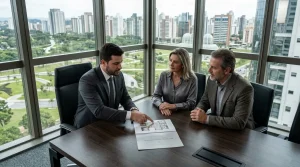 Empresários discutem a estruturação de uma holding imobiliária em escritório corporativo moderno de alto padrão.
