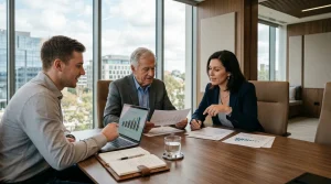Empresários discutem planejamento sucessório em escritório moderno garantindo a transição de patrimônio da família.