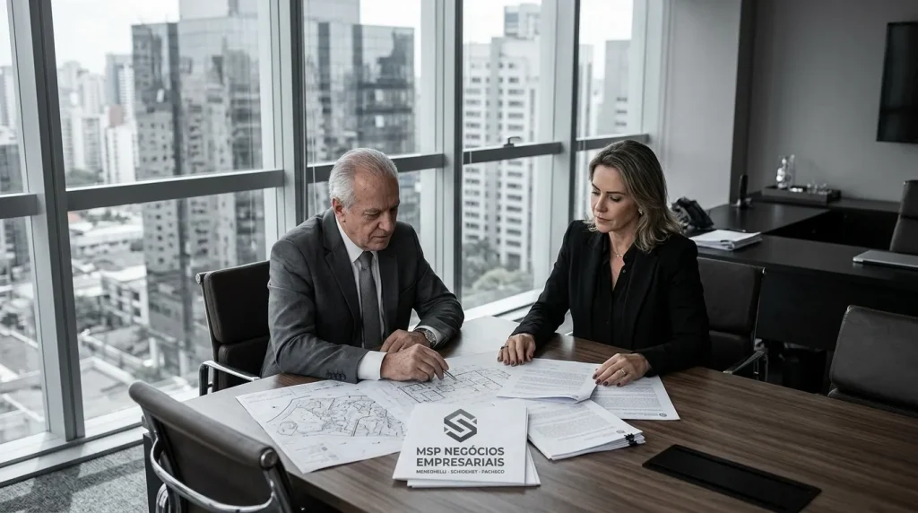 Empresários discutindo a estratégia de doação de imóveis em vida com planejamento patrimonial estruturado.