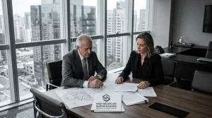 Empresários discutindo a estratégia de doação de imóveis em vida com planejamento patrimonial estruturado.