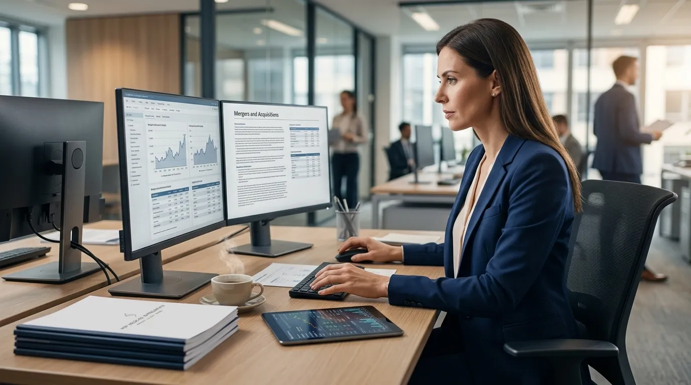 Executiva analisa relatórios financeiros para planejar aquisições de empresas em escritório moderno.