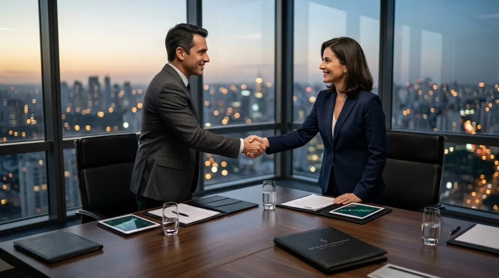 Executivos realizam aperto de mao celebrando aquisicoes e fusoes de empresas em sala de reuniao moderna.