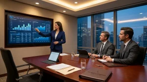 Executivos analisam dados financeiros para realizar aquisições de empresas com total segurança jurídica.
