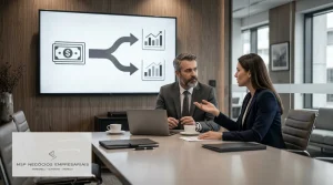 Executivos analisam painel digital com a dinâmica do Split Payment para controle tributário corporativo.