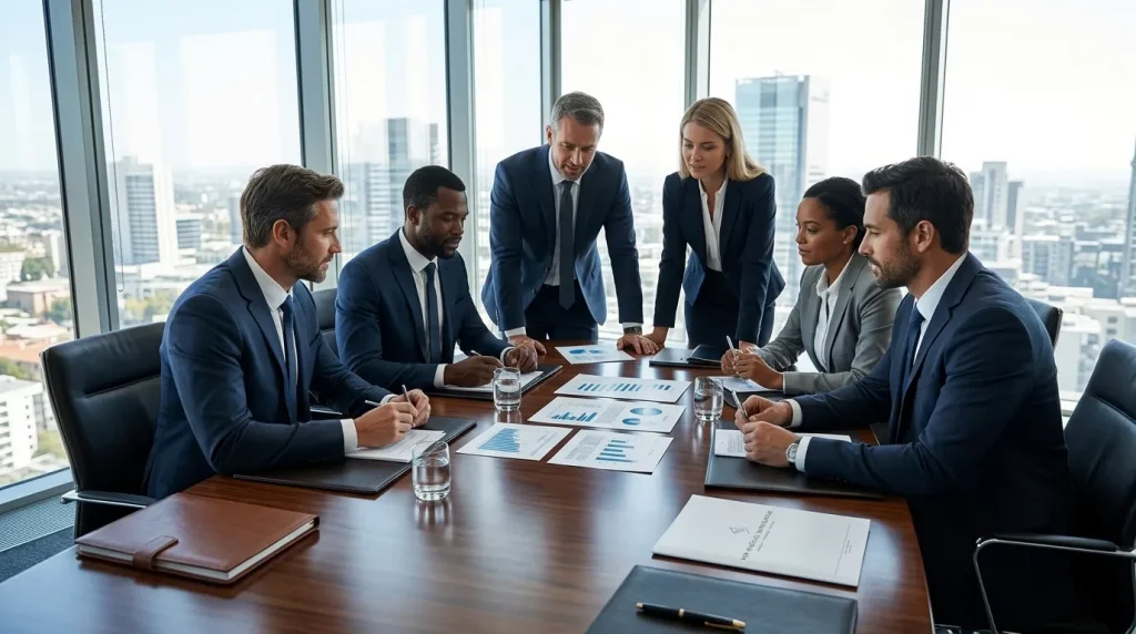 Executivos em reunião estratégica discutindo aquisições de empresas em sala de reuniões moderna de alto padrão.