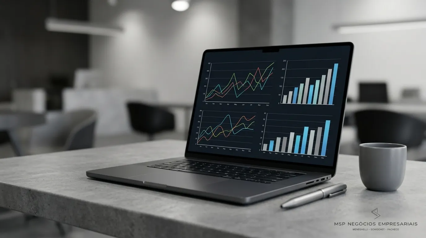 Gráficos de projeção financeira sobre o Simples Nacional na Reforma Tributária em notebook.