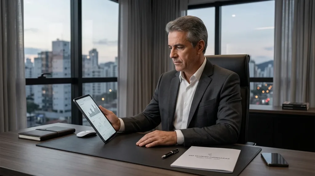 Empresário analisa planejamento tributário e de aposentadoria com auxílio de advocacia previdenciária especializada.