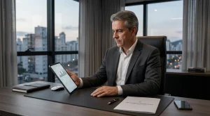 Empresário analisa planejamento tributário e de aposentadoria com auxílio de advocacia previdenciária especializada.