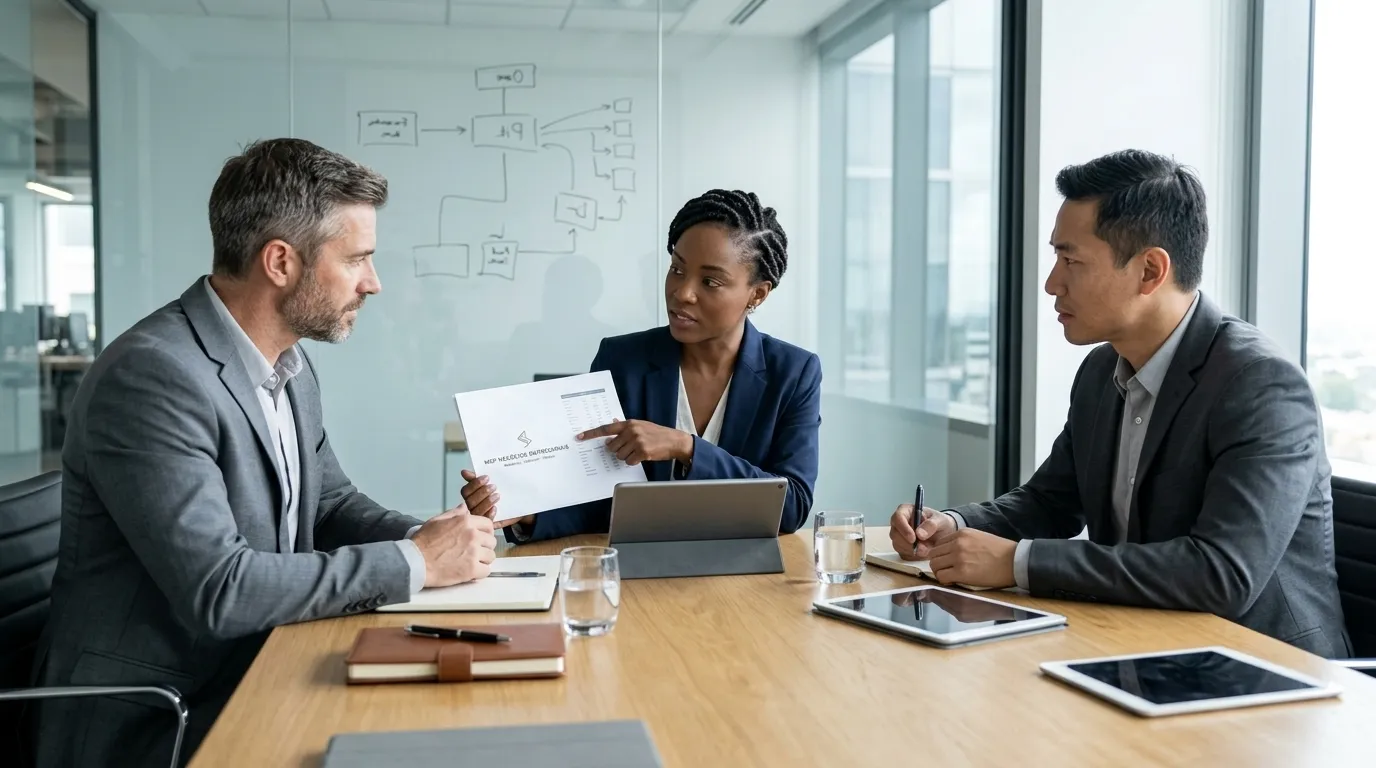 Profissionais de negocios discutem estrategias para aquisicoes e fusoes de empresas em escritorio moderno.