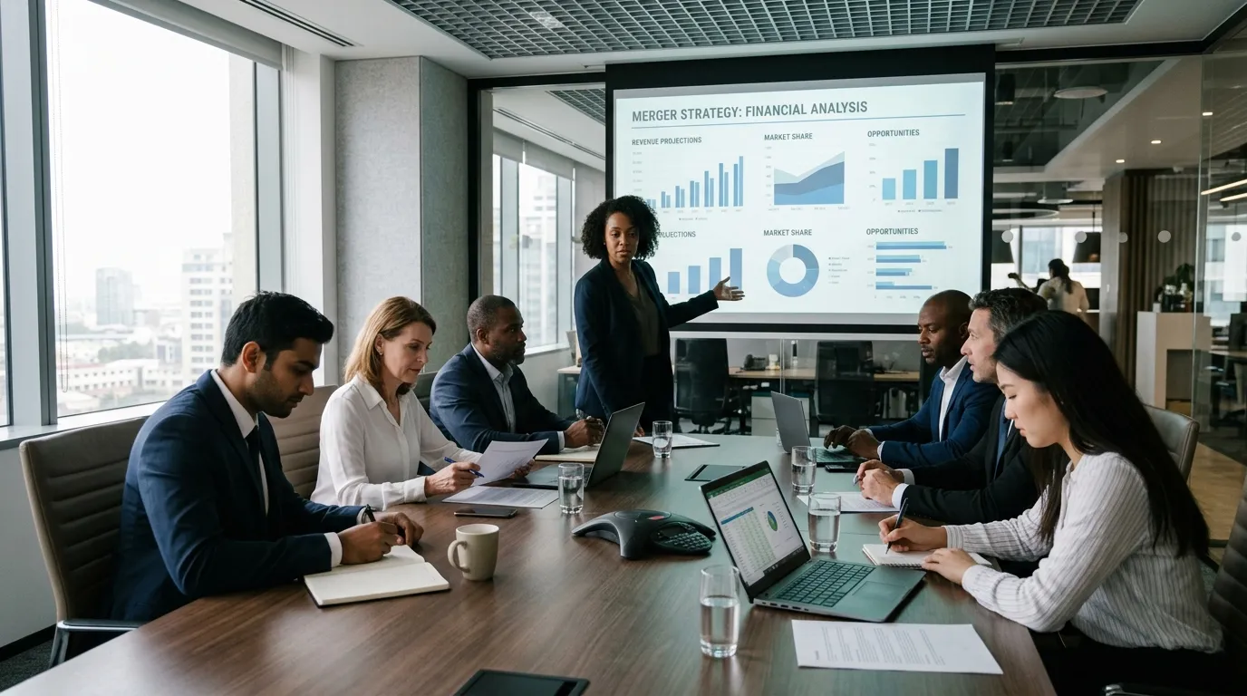 Reuniao corporativa discutindo estrategias de fusao e aquisicao M&A.