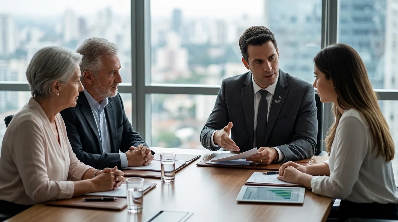 Reunião sobre qual a vantagem de criar uma holding ao invés de pagar tudo no cpf para o planejamento sucessório.