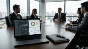 Escritório corporativo moderno exibindo gráficos de split payment na reforma tributária em tela de notebook de luxo