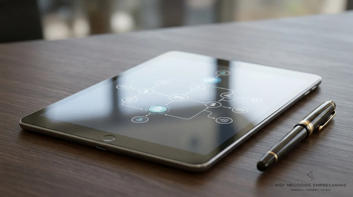 Tela de tablet exibindo fluxo financeiro do mecanismo Split Payment na reforma tributária.