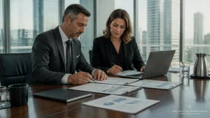 Executivos analisando documentos contábeis entendendo o que é recuperação tributária e suas vantagens.