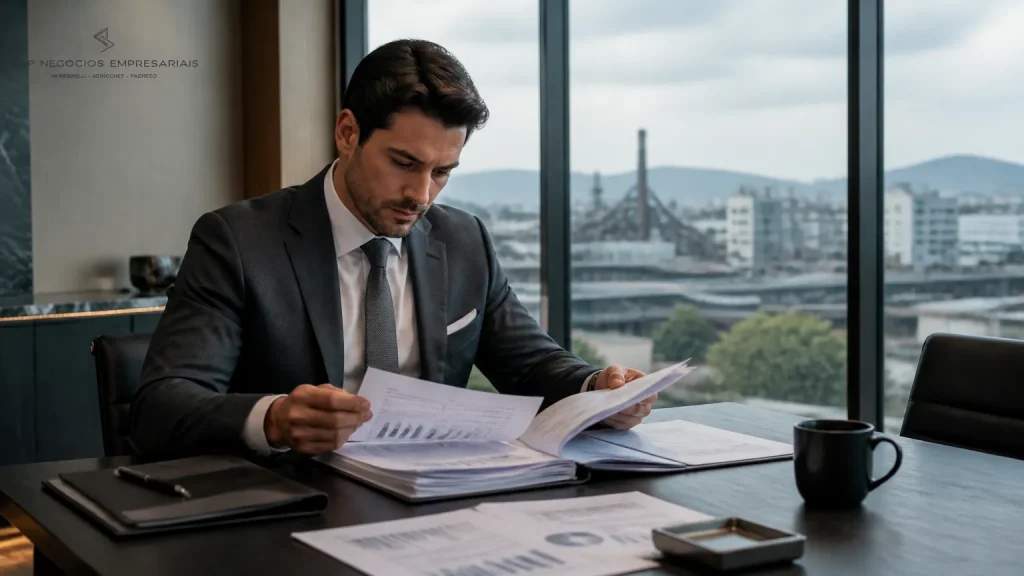 Empresário analisando recuperação tributária em escritório corporativo para otimizar caixa da empresa.