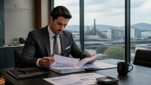 Empresário analisando recuperação tributária em escritório corporativo para otimizar caixa da empresa.